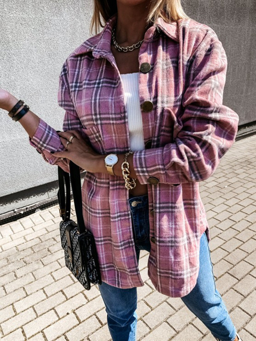 Oversized Women Plaid Shirt