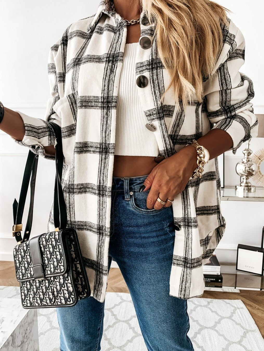 Oversized Women Plaid Shirt
