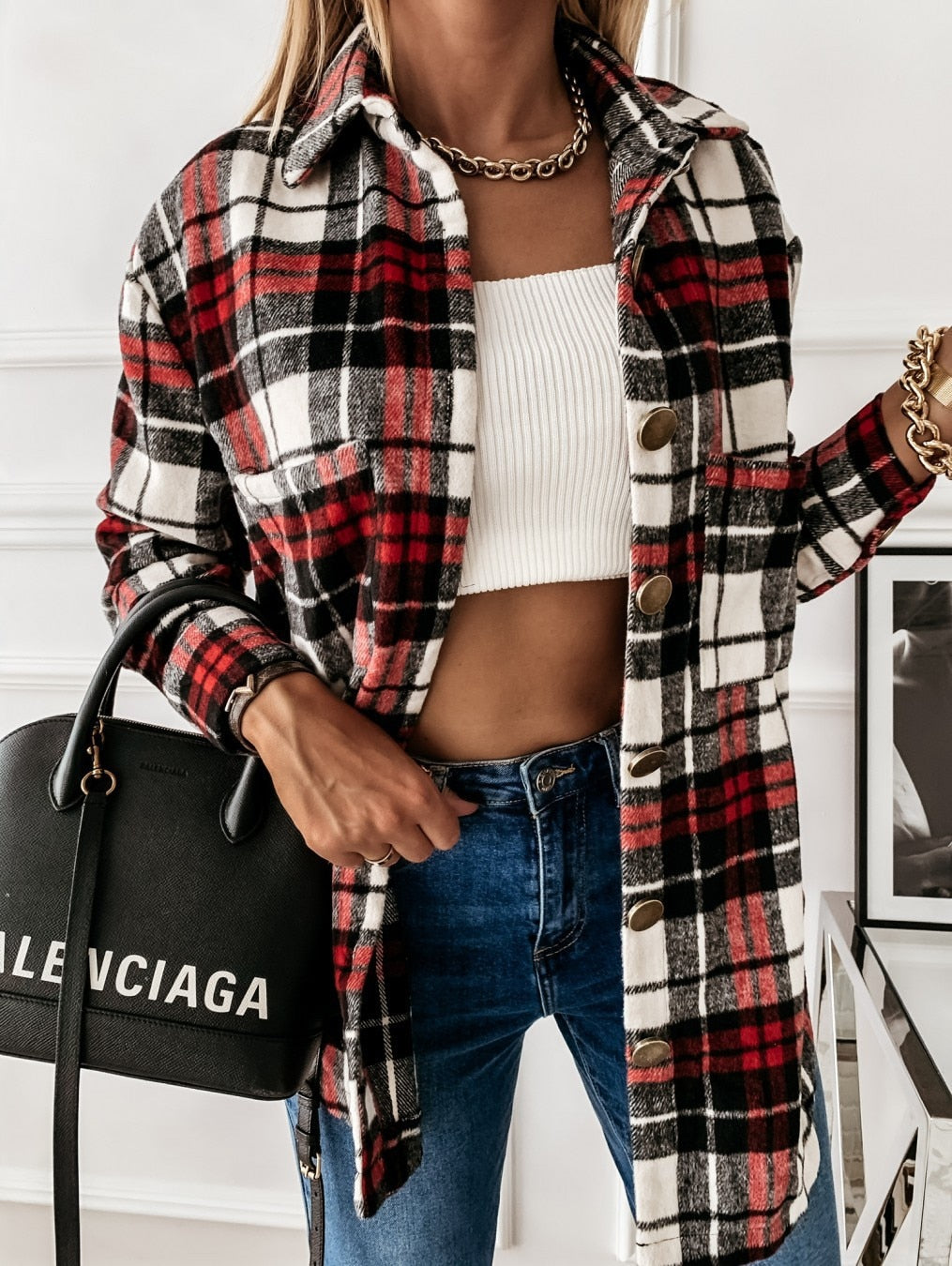 Oversized Women Plaid Shirt